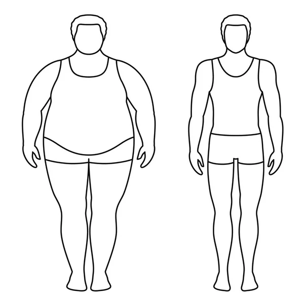 男性体重下降前后的矢量说明。男性身体轮廓。成功的饮食和体育概念。苗条和肥胖男孩. — 图库矢量图片
