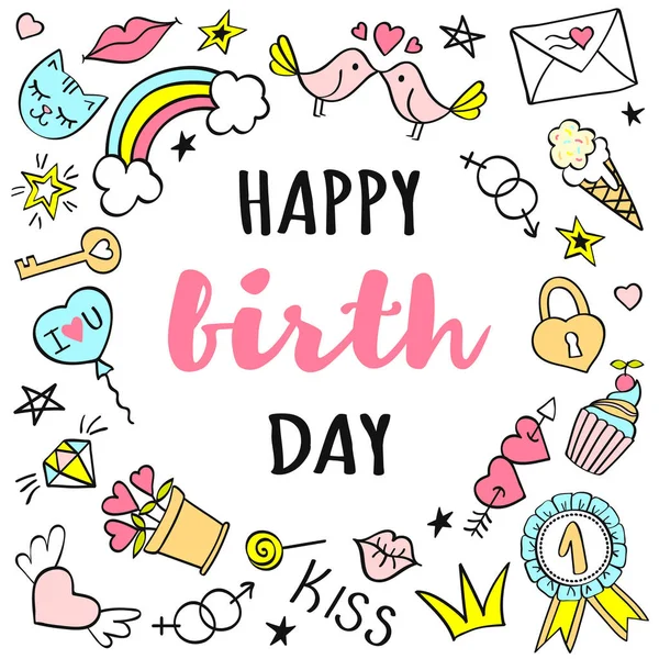 Feliz cumpleaños letras con garabatos femeninos para la tarjeta de felicitación o carteles . — Vector de stock