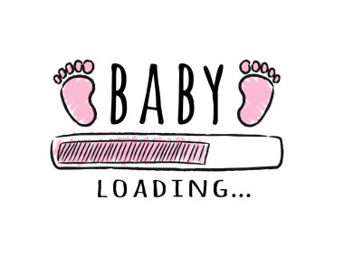 İlerleme bar yazıt ile - yükleme bebek ve çocuk ayak yarım yamalak tarzı. Vektör çizim t-shirt tasarımı, afişi, kart, baby shower dekorasyon için.