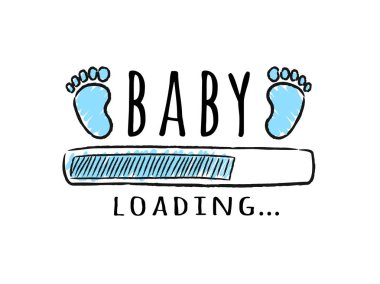 İlerleme bar yazıt ile - yükleme bebek ve çocuk ayak yarım yamalak tarzı. Vektör çizim t-shirt tasarımı, afişi, kart, baby shower dekorasyon için.