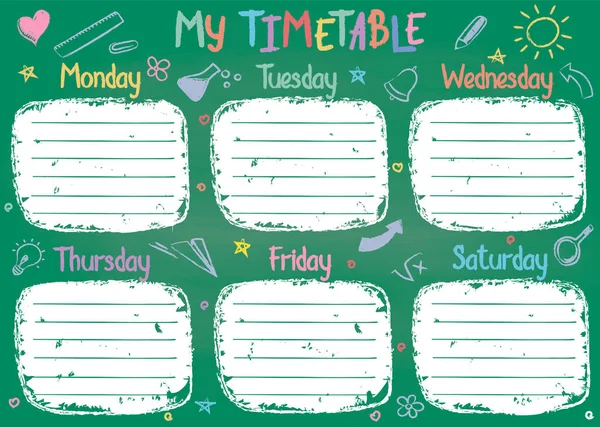 学校时间表模板在粉笔板与手工文字的彩色粉笔文本。每周的课程, 粗略的风格装饰手绘学校涂鸦在绿色板上. — 图库矢量图片