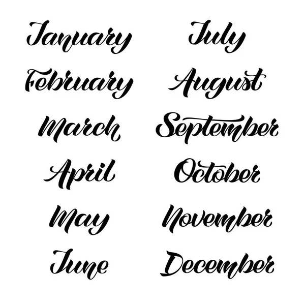 Odręcznie nazwy miesięcy: grudzień, styczeń, luty, Marzec, Kwiecień, maj, czerwiec, Lipiec, sierpień, wrzesień, październik, listopad. Zestaw modnych strony napis miesięcy dla kalendarzy i organizatorzy. — Wektor stockowy
