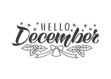 Aralık el çizilmiş yazı kartı doodle köknar ağaç dalları ve bell ile Merhaba. İlham verici kış alıntı. Daveti veya tebrik kartları, broşür, afiş, t-shirt, bardak için motivasyon Yazdır.