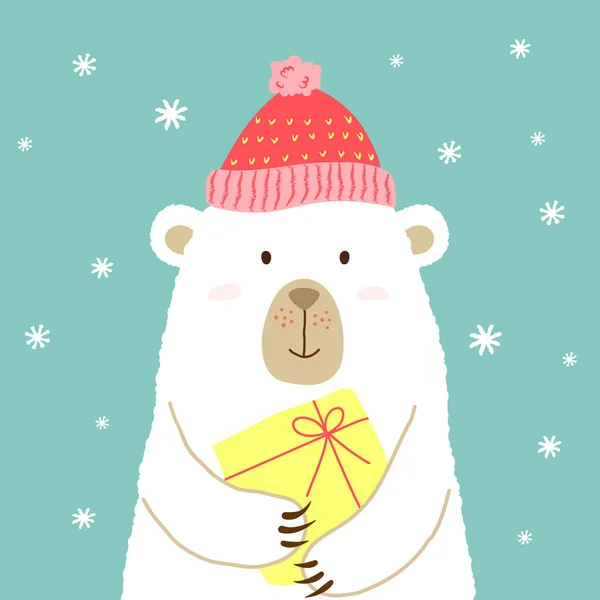 Vector illustration of cute cartoon bear in warm hat with gift in hands for placards, t-shirt prints, greeting cards. — Stock Vector