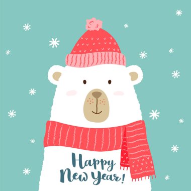 Sıcak şapka ve eşarp sevimli karikatür ayı Vektör illüstrasyon yazılı Happy New Year tebrik için pankartlar, t-shirt baskılar, tebrik kartları.