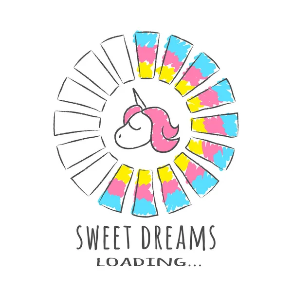 Voortgangsbalk met inscriptie - Sweet Dreams laden en unicorn in schetsmatige stijl. Vectorillustratie voor t-shirt ontwerp, poster of kaart. — Stockvector