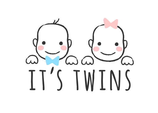 Szkic wektor ilustracja z baby chłopiec i dziewczynka twarze i napis - 's twins - dla narodzin dziecka, drukowanie t-shirt lub plakat. — Wektor stockowy