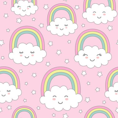 Şirin bulutlar, gökkuşağı ve yıldız ile Seamless modeli. Çocuklar Tekstil, ambalaj kağıdı, duvar kağıdı için kreş arka plan.