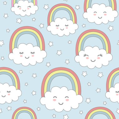 Şirin bulutlar, gökkuşağı ve yıldız ile Seamless modeli. Çocuklar Tekstil, ambalaj kağıdı, duvar kağıdı için kreş arka plan.