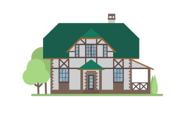 Yazlık ev cephe düz vektör çizim. İki katlı modern ev, villa, yazlık, townhouse, gayrimenkul mimari dış. 