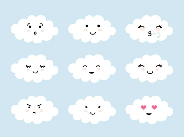 Conjunto de emoji em forma de nuvem com humor diferente. Kawaii bonitos emoticons nuvens e emoji anime japonês enfrenta expressões. Conjunto de ícones cômicos estilo desenho animado vetorial . —  Vetores de Stock