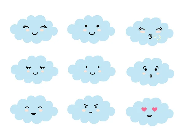 Σύνολο σύννεφο σε σχήμα emoji με διαφορετική διάθεση. Τα σύννεφα Kawaii χαριτωμένα emoticons και ιαπωνικά anime emoji αντιμετωπίζει εκφράσεις. Διάνυσμα κινουμένων σχεδίων στυλ comic εικόνες set. — Διανυσματικό Αρχείο