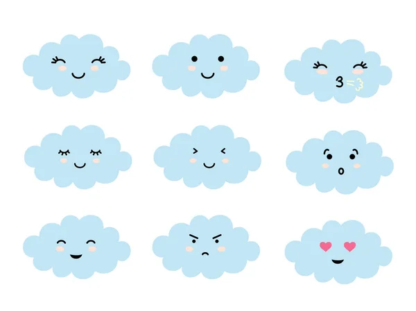 Set of cloud shaped emoji with different mood. Kawaii cute clouds emoticons and Japanese anime emoji faces expressions. Vector cartoon style comic icons set.