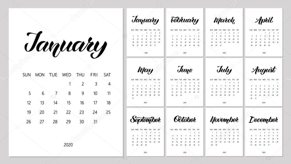 Vector Calendar Planner for 2020 Year with handdrawn lettering. Set of 12 Months. Week Starts Sunday. Stationery Design. Objects isolated on white background.