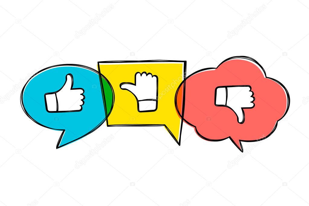 Hand drawn green, red and yellow speech bubbles with thumbs up and down. Like, dislike and undecided icons in sketchy style.  Pointing gesture hands. Feedback concept.