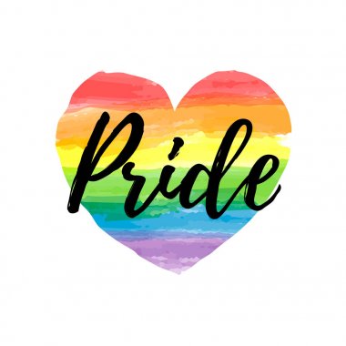 Gay Pride bir suluboya gökkuşağı spektrum kalp şekli üzerine yazı. Homoseksüellik amblemi beyaz üzerine izole edilmiş. LGBT hakları kavramı. Modern geçit afişi, pankart, davetiye kartı, t-shirt baskı tasarımı.