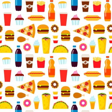 Renkli lokanta seamless modeli. Abur cubur vektör Tekstil tasarımı, ambalaj kağıdı, duvar kağıdı için yinelenen arka plan.