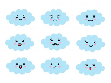 Farklı ruh hali ile bulut şeklinde emoji seti. Kawaii sevimli bulutlar ifadeler ve Japon anime emoji yüzleri ifadeler.