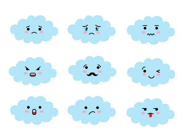 Ensemble d'emoji en forme de nuage avec une humeur différente. Kawaii nuages mignons émoticônes et japonais anime emoji visages expressions . — Image vectorielle