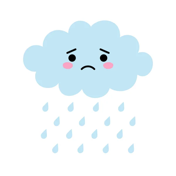 Bonito desenho animado kawaii nuvem azul com gotas de chuva com emoção triste rosto. Weeping nuvem vetor ilustração —  Vetores de Stock