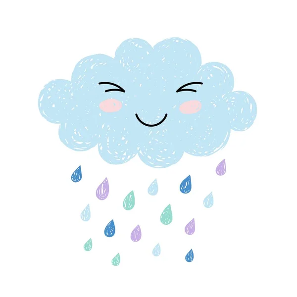 Χαριτωμένο χαρούμενο σύννεφο κινουμένων σχεδίων σε μπλε φόντο με σταγόνες βροχής. Ονειρεμένη απεικόνιση διανυσματικού νέφους — Διανυσματικό Αρχείο