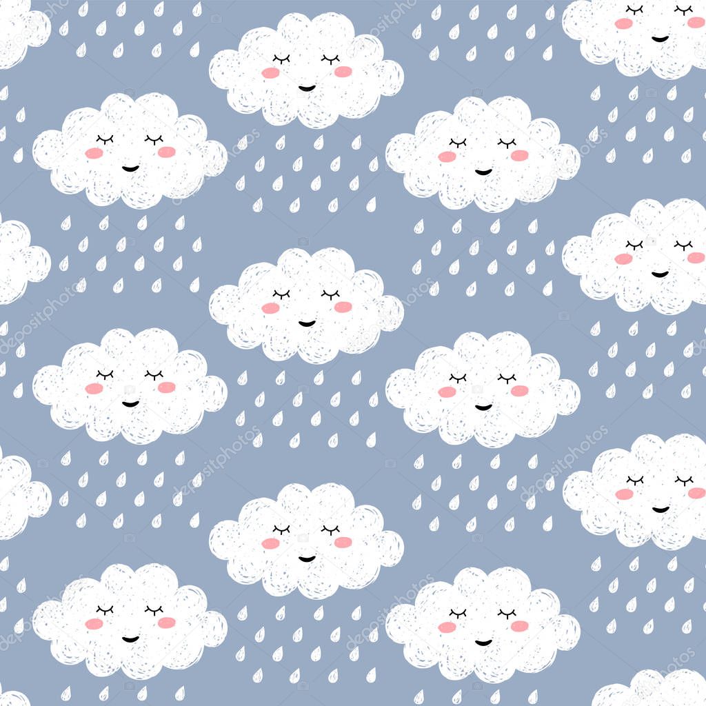 Seamless pattern with cute happy cartoon kawaii cloud on blue backdrop with rain drops. Dreaming cloud vector background.