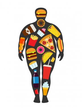 Dağınık fast food elemanları ile Adam silueti. Sağlıksız, abur cubur ve obesty kavramı.
