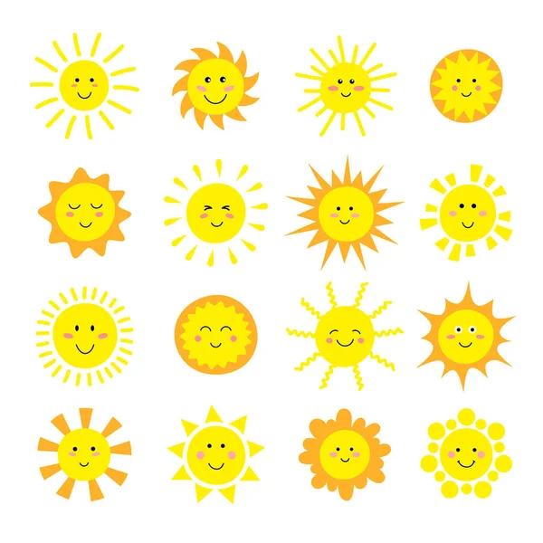 Tecknad Sun Collection. Gula sol ikoner som isolerats på vitt. Sön piktogram, sommar symbol för webbdesign, webb-knapp, mobilapp. — Stock vektor