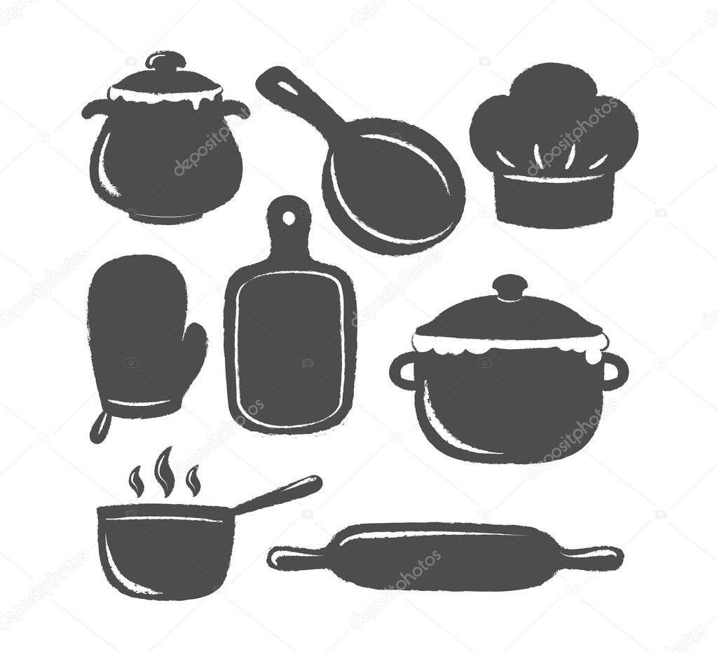 Collection of cooking label or logo. Silhouettes of kitchen utensils and cooking supplies.