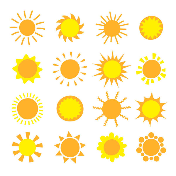 Cartoon sun collection. Yellow sun icons set isolated on white. Sun pictogram, summer symbol for website design, web button, mobile app.