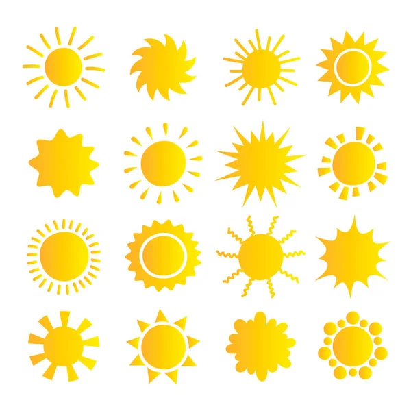 Коллекция карикатур на солнце. Желтые солнечные иконки установлены изолированно на белом. Пиктограмма солнца, летний символ дизайна сайта, веб-кнопка, мобильное приложение . — стоковый вектор