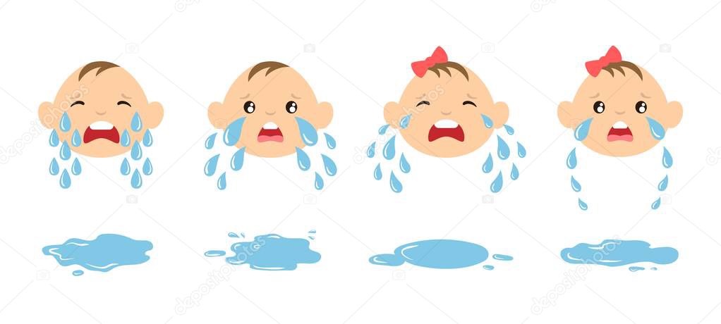 Set of cartoon crying baby faces with tear drops and puddles. Weeping kids illustration. Upset emoticons