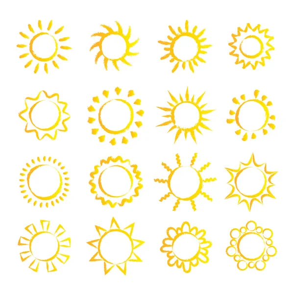 Συλλογή του ήλιου κινουμένων σχεδίων. Κίτρινα εικονίδια ήλιου που απομονώνονται σε λευκό. Εικονόγραμμα, καλοκαίρι σύμβολο για το σχεδιασμό της ιστοσελίδας, κουμπί Ιστού, εφαρμογή για κινητά. — Διανυσματικό Αρχείο