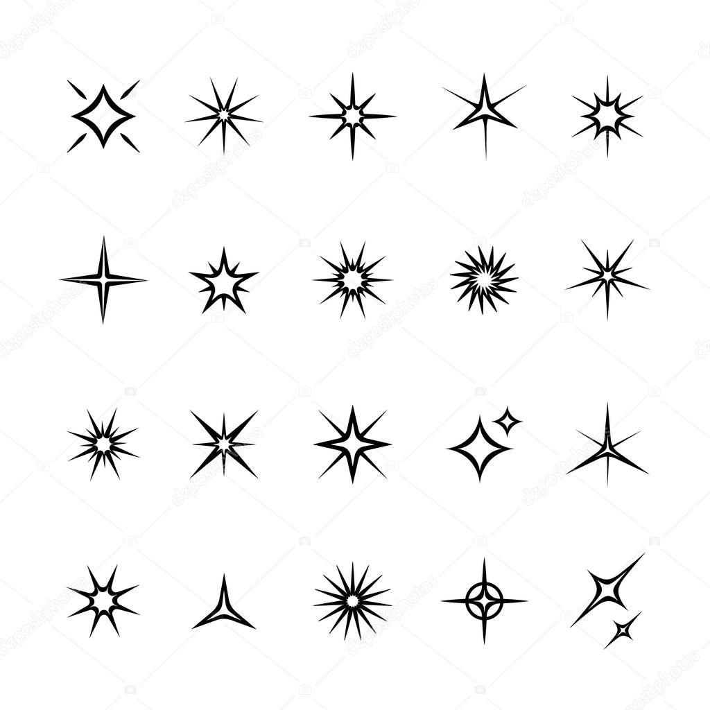 Set of star, sparkle icons. Collection of bright fireworks, twinkles, shiny flash. Glowing light effect stars and bursts .