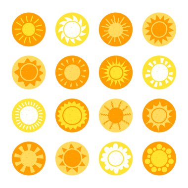 Karikatür güneş koleksiyonu. Sarı güneş simgeleri beyaz üzerine izole ayarlanır. Güneş piktogram, web sitesi tasarımı için yaz sembolü, web düğmesi, mobil uygulama.