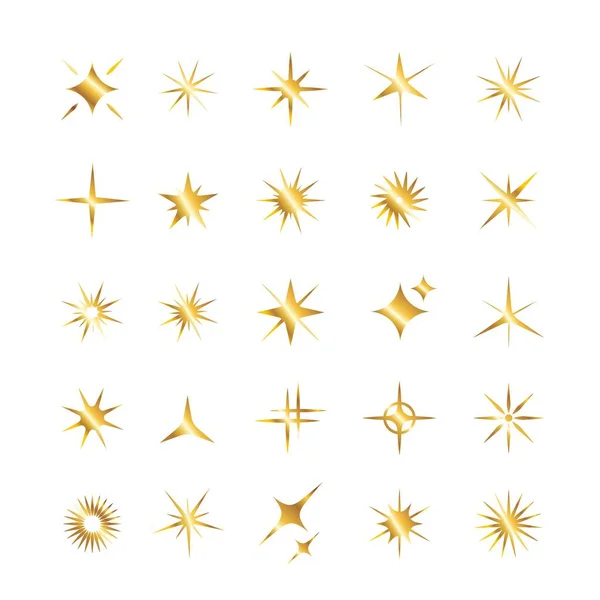 Conjunto de estrellas doradas, iconos de brillo. Colección de fuegos artificiales brillantes, destellos brillantes, destellos brillantes. Efecto de luz brillante estrellas y explosiones  . — Archivo Imágenes Vectoriales