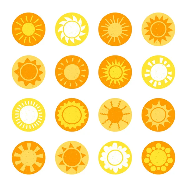 Coleção de desenhos animados. Ícones de sol amarelo conjunto isolado no branco. Pictograma de sol, símbolo de verão para design de site, botão web, aplicativo móvel . —  Vetores de Stock