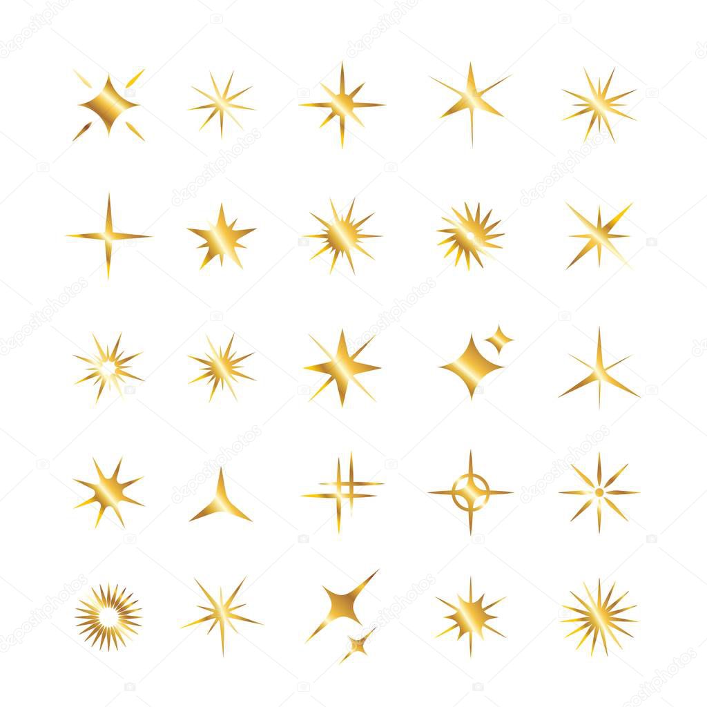 Set of golden star, sparkle icons. Collection of bright fireworks, twinkles, shiny flash. Glowing light effect stars and bursts .