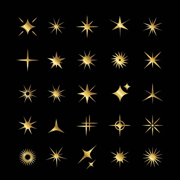 Conjunto de estrellas doradas, iconos de brillo. Colección de fuegos artificiales brillantes, destellos brillantes, destellos brillantes. Efecto de luz brillante estrellas y explosiones  . — Vector de stock