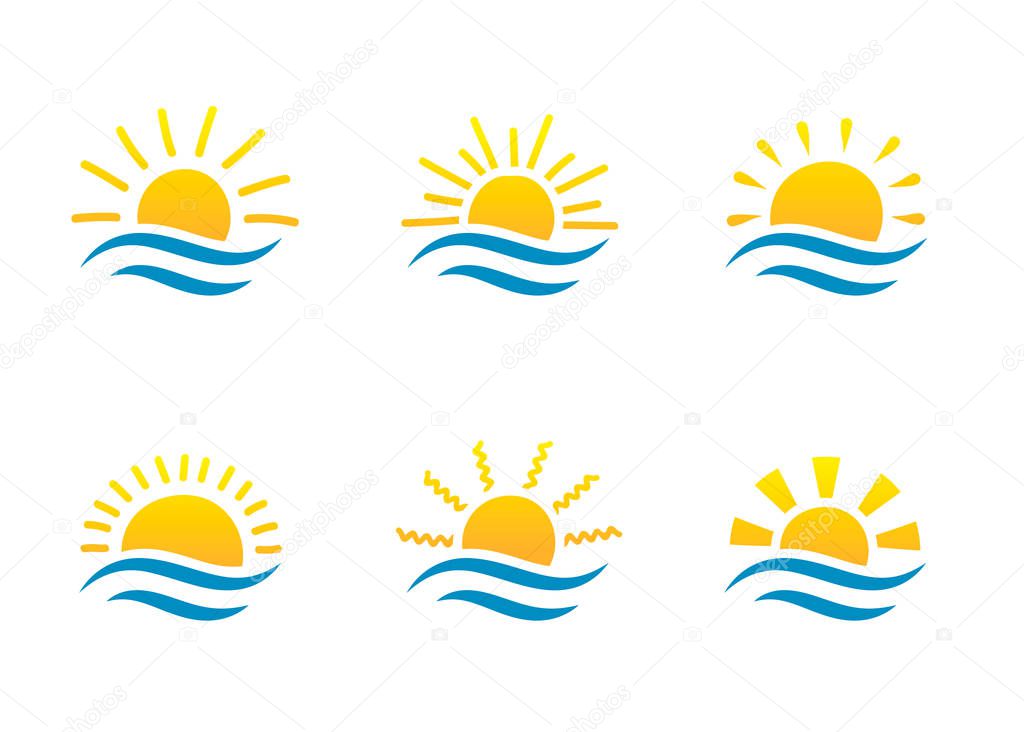 Sunrise and sea cartoon logo temlates collection. Water waves and sunbeam icons set.