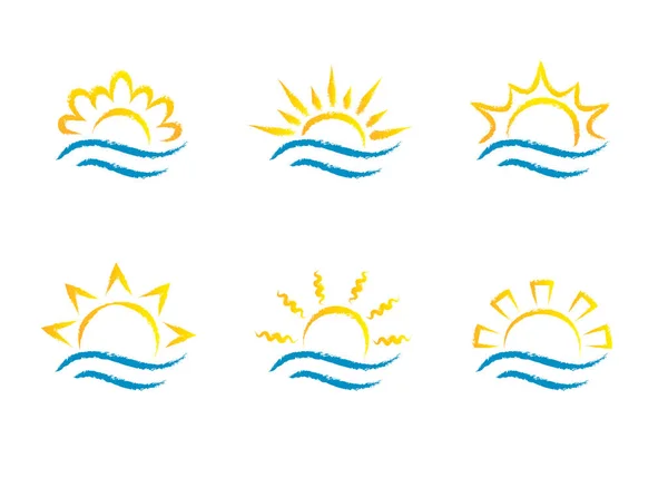 Sunrise e mar cartoon logotipo temlates coleção. Ondas de água e conjunto de ícones de raios solares . —  Vetores de Stock