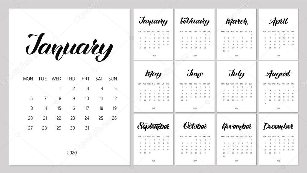 Vector Calendar Planner for 2020 Year with handdrawn lettering and doodles. Set of 12 Months. Week starts Monday. Stationery Design.