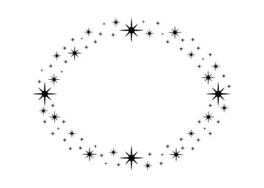 Vektör dairesi yıldız çerçevesi. Tasarım çelengi, logo şablonu. Yıldız tozu, yıldızlar, yıldızlı gökyüzü. Yuvarlak çerçeve, yıldızlar ve beyaz arka planda parıltılı noktalar. Kart ve davet için vektör arkaplanı.