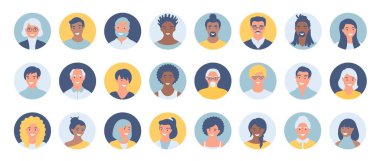 Bir grup insan, avatarlar, farklı etnik kökenden ve yaştan insanların düz bir tarzı var. Çok uluslu sosyal ağlar insanların koleksiyonu ile karşı karşıya.