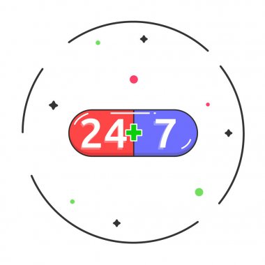 Tıbbi hizmetler 7/24 logo. Yeşil eczane çapraz ile saat simgesi etrafında mavi-kırmızı hap. Modern düz stil vektör illüstrasyon simgeleri. Beyaz arka planda izole edilmiş. Eczane için tablet olarak plaka
