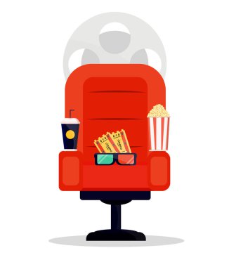 Kırmızı sinema filmi amchair. Patlamış mısır 3d glases, soda kova kutusu içecek. Sinema gecesi konsepti. Modern düz stil vektör illüstrasyon simgeleri.