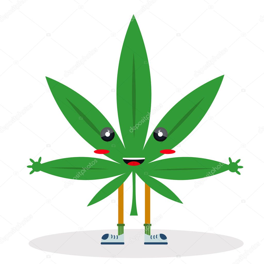 Happy cute smile sweet character green marijuana. Weed, ganja. Modern flat style vector illustration icons. Isolated on white background. Cannabis plant logo coffeeshop. Medical recreation cannabis.