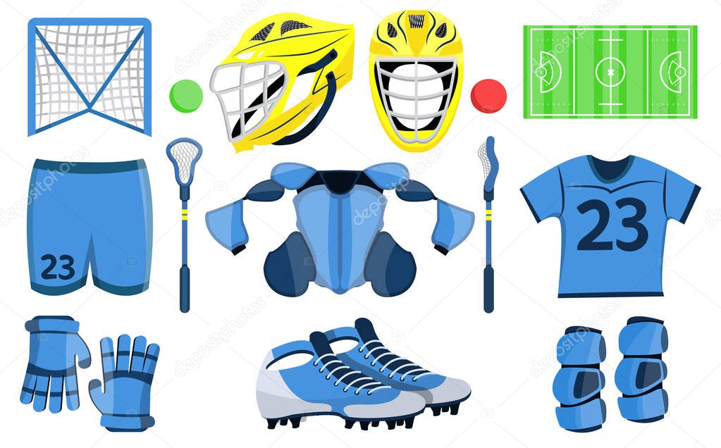 Big lacrosse set. Flat vector illustration icons. Isolated on white. Lacrosse equipments. Goal, wear, ticket, mask, shoes, helmet, stopwatch, food, scoreboard, trophy, referee, gloves. Lacrosse sport.