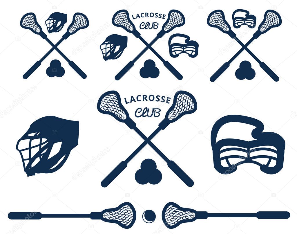 Big lacrosse set. Flat vector illustration icons. Isolated on white. Lacrosse equipments. Goal, wear, ticket, mask, shoes, helmet, stopwatch, food, scoreboard, trophy, referee, gloves. Lacrosse sport.