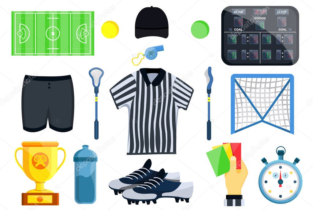 Big lacrosse set. Flat vector illustration icons. Isolated on white. Lacrosse equipments. Goal, wear, ticket, mask, shoes, helmet, stopwatch, food, scoreboard, trophy, referee, gloves. Lacrosse sport.
